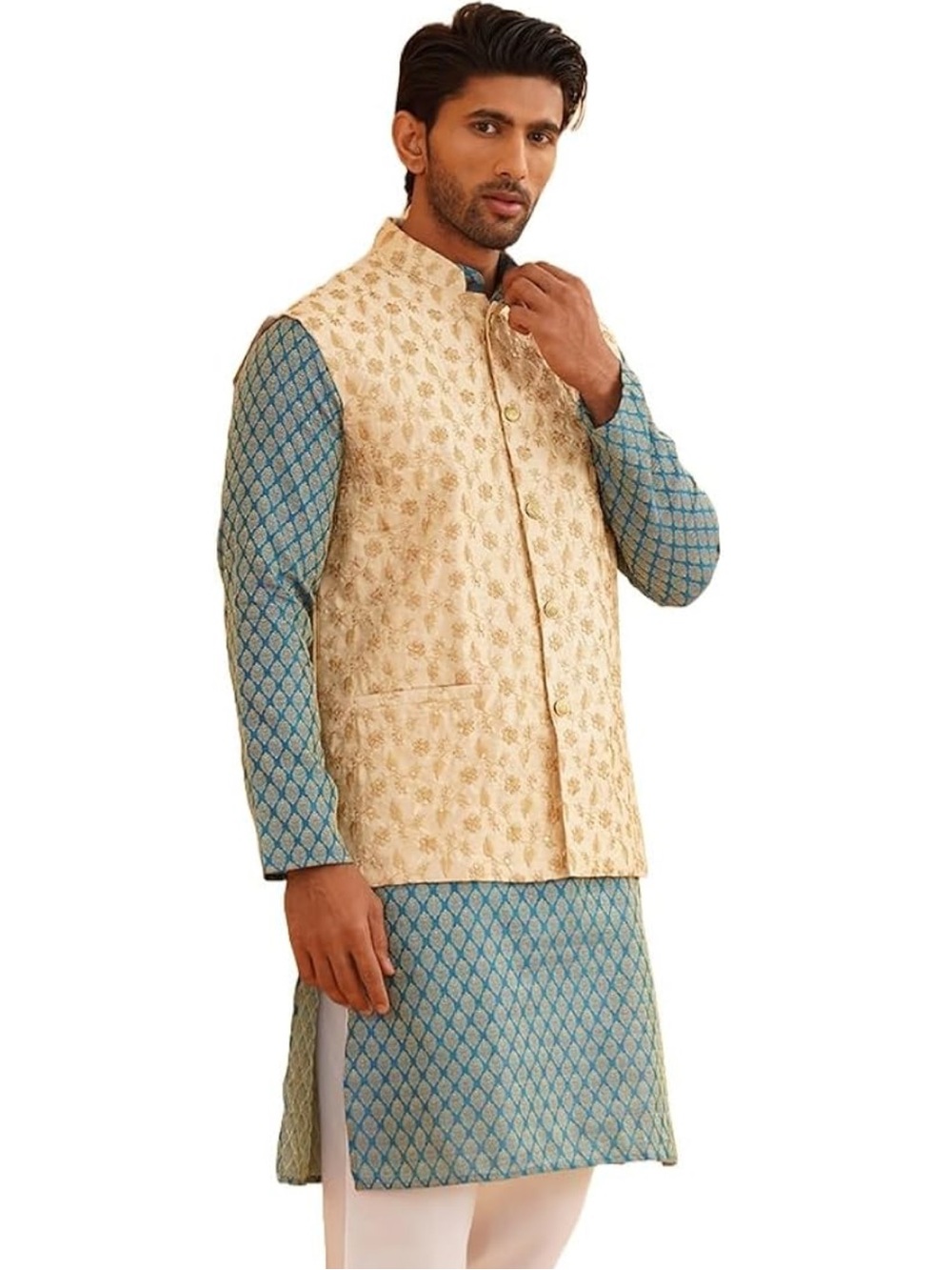 Sojanya Peacock Blue Kurta and Beige Nehru Jacket
